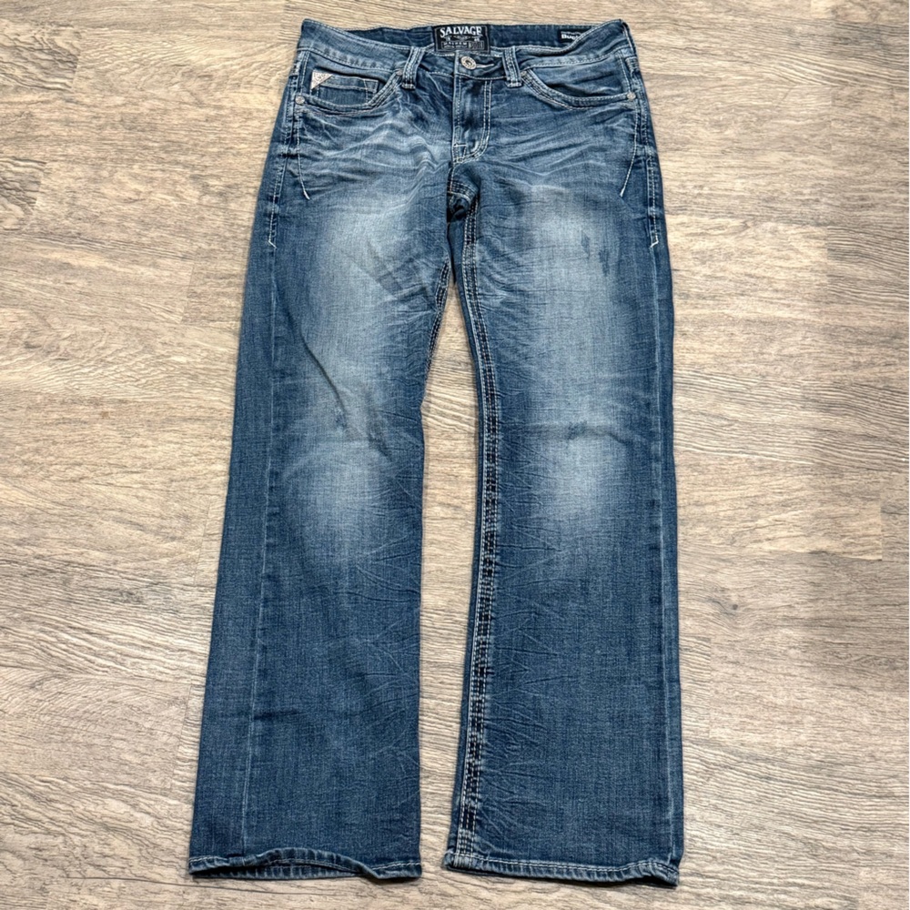 Salvage Distressed Bootcut Jeans in Blue Wash
